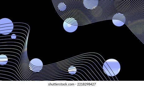 Abstract Modern Sonic Wave Lines With Floating Circles, Black Background