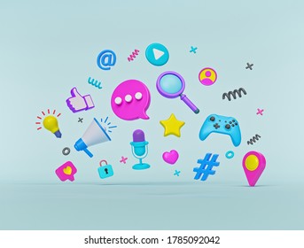 Abstract Modern Trendy Colorful Social Media And Technology Icons. 3d Rendering