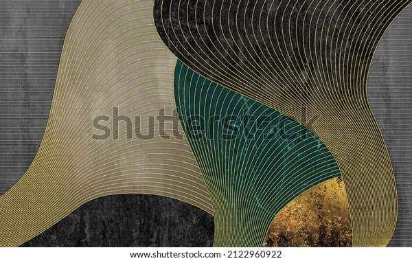 Abstract modern wallpaper mural art. golden, blue, gray, black and wooden shapes with golden lines. 3d illustration for home wall decor 