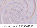 Abstract modern white spiral clock dial with roman numerals. Concept of Infinite time, deadline, scheduling, time and space, past, present and future. 3D Illustration