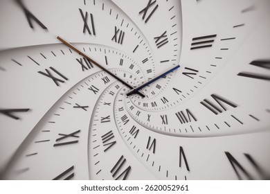 Abstract modern white spiral clock dial with roman numerals. Concept of Infinite time, deadline, scheduling, time and space, past, present and future. 3D Illustration