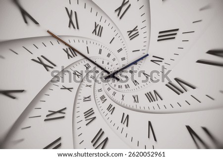 Abstract modern white spiral clock dial with roman numerals. Concept of Infinite time, deadline, scheduling, time and space, past, present and future. 3D Illustration