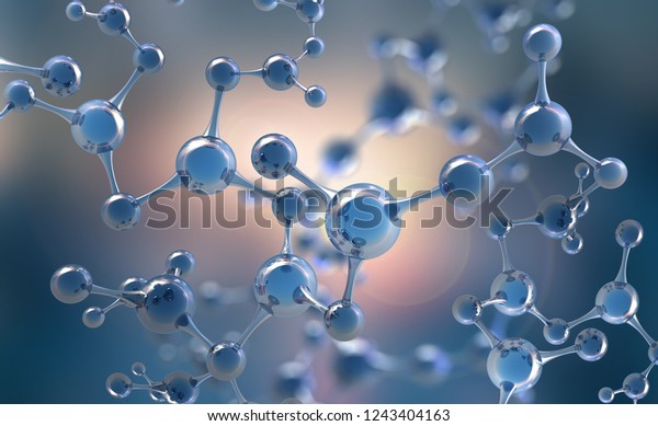 Abstract molecule\
model. Scientific research in molecular chemistry. 3D illustration\
on a blue\
background