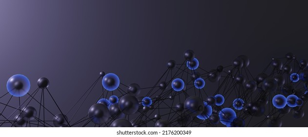 Abstract Molecules With Geometric Connections Background. Round Futuristic Balls With 3d Render Blue And Dark Shell And Black Connection Lines. Change In Atomic Structure Of Dna And Rna