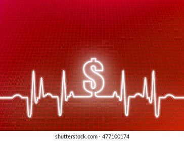 Abstract Money Greedy Red Graphic Of Ekg/cardiogram With Dollar Sign Indicating Financial Cost Of Healthcare, Insurance, Surgery And Other Medical Expenses. 