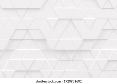 Abstract monochrome white geometric pattern or background made of chaotic triangle surface polygons. 3d rendering of realistic backdrop or wallpaper