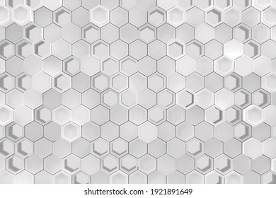 Abstract monochrome white geometric pattern or background made of chaotic hexagonal surface polygons. 3d rendering of realistic honeycomb backdrop or wallpaper