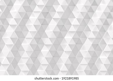 Abstract Monochrome White Geometric Pattern Or Background Made Of Chaotic Triangle Surface Polygons. 3d Rendering Of Realistic Backdrop Or Wallpaper