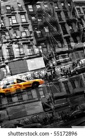 Abstract Montage Of City Life With A Yellow Taxi Cab In Selective Color.