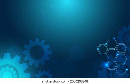 Abstract Mother Board With Gear And Hexagon And Line Dot Connection. Chip Curcuit Processor System Surface Background With Shine Light Energy For Engenerering Data.