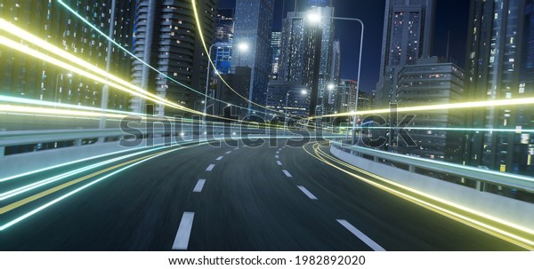 Abstract\
motion curvy urban road with trail light motion effect applied .\
Automobile background use concept. 3d\
rendering
