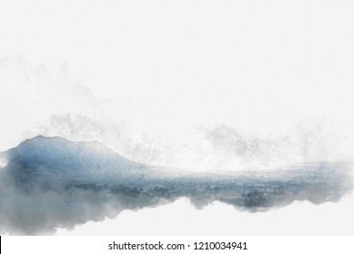 Abstract Mountain Hill On Watercolor Painting Background,  Digital Illustration Brush To Art.