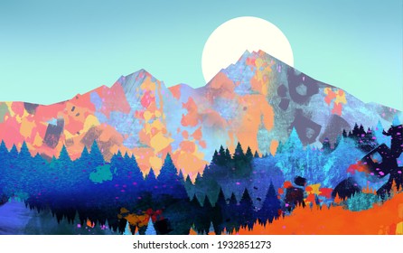 Abstract Mountain Scene - Beautiful Wall Hanging Artwork.  Artist Mixed Digital Graphic Design.  Wall Decor For Office Or Home.