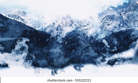 Abstract Mountains In Blue Tone,  Digital Watercolor Painting