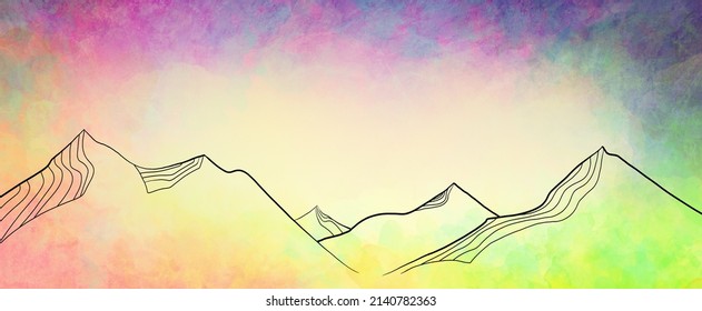 Abstract Mountains Hand Drawn In Black Minimal Line Art Painting In Abstract Art Background, Colorful Sunrise Or Sunset Watercolor Landscape With Mountain Range Outline, Painted Texture Sky And Clouds