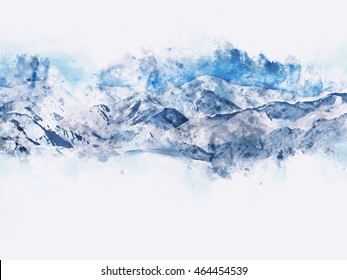 Abstract Mountains Landscape On White Background, Blue Shade, Digital Watercolor Painting