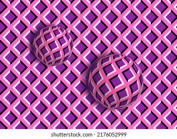 Abstract movement optical illusion with moving balls in purple colours
