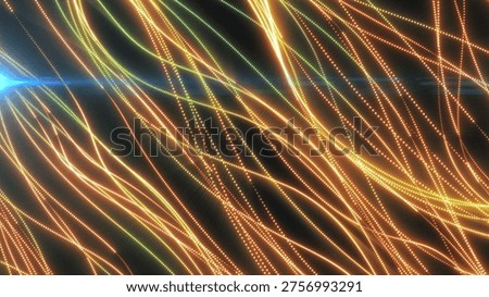 Abstract multicolor light streams with glowing particle lines, blending green and orange tones to represent dynamic energy flow and digital motion.