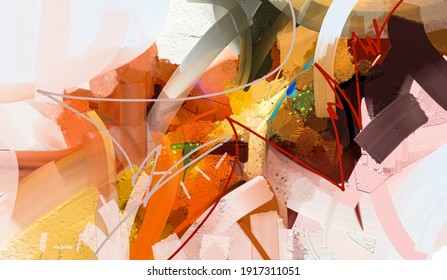 Abstract multicolor painting wtih grunge texture on canvas. Artwork mix brush stroke, splash color and oil,acrylic paint element. Modern contemporary art with yellow,red color for wallpaper background