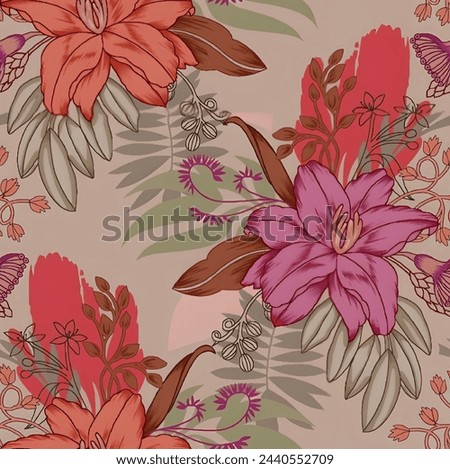 abstract multicolor a solid hibiscus blooming flowers motif arrangement with medium tone, all over vector design with cream background illustration digital image for wrapping paper or textile printing