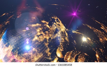 Abstract multicolored background, shiny space, futuristic abstract shapes and wave illustration. Explosion of stars in space. Illustration planets in distant solar system in space.