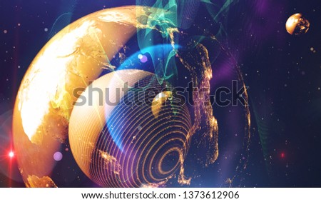 Abstract multicolored background, shiny space, futuristic abstract shapes and wave illustration. Explosion of stars in space. Illustration planets in distant solar system in space.