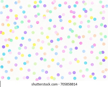Abstract multicolored Confetti on watercolor textured background, pastel polka dots background