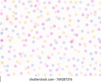Abstract multicolored Confetti on watercolor textured background, pastel polka dots background