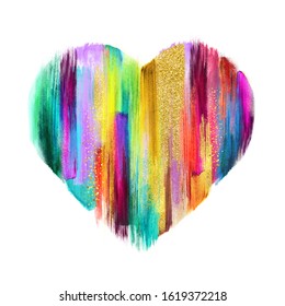 Abstract Multicolored Heart Shape Isolated On White Background. Valentine's Day Symbol, Love Sign, Icon, Romantic Clip Art. Sketch. Gouache Paint Smear, Watercolor Brush Strokes Texture