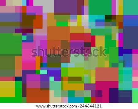Abstract multicolored medley of squares and rectangles with overlaps for themes of multiplicity and geometric non-formalism