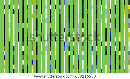 Abstract of multicolored vertical stripes alternating with solid stripes of moderate green, like a traffic pattern or matrix of digital code, for decoration and background