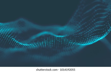  Abstract Music background. Big Data Particle Flow Visualisation. Science infographic futuristic illustration. Sound wave. Sound visualization