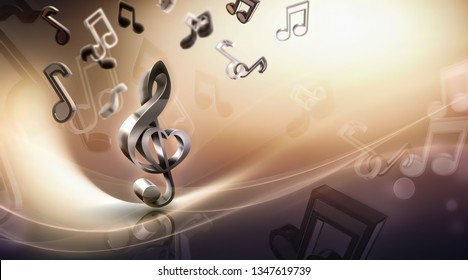 abstract music background with notes and treble clef, 3D image concept