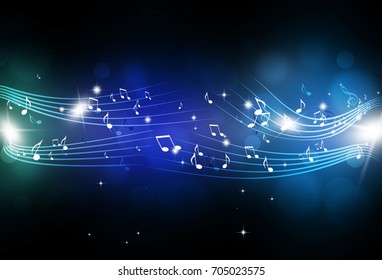 abstract music notes and blurry lights on dark blue background
