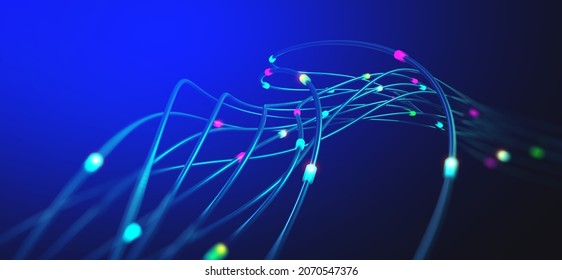 Abstract nanofiber 3D illustration. Twisted lines with dots of light. Neuro impulse in cyber stream