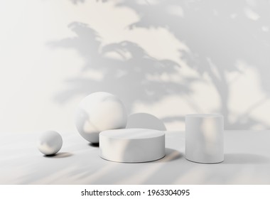 Abstract Natural,organic Background For Advertising Products, Spa Body Care, Relaxation, Health.3D Render Podium, Showcase On Light White Background With Shadows In Green Tropical Leaves Of Plants. 