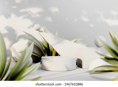 Abstract natural,organic background for advertising products, spa body care, relaxation, health.3D render podium, showcase on light white background with shadows in green tropical leaves of plants.  - Powered by Shutterstock