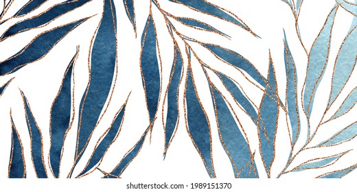 Abstract Nature background. Pattern of blue palm leaves with golden lines. Watercolor freehand drawing of leaves, branches. Luxury leaf botanical modern art deco wallpaper. Line arts background design - Powered by Shutterstock