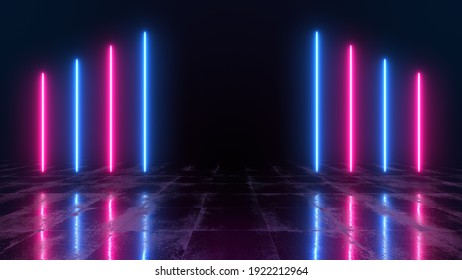 Abstract neon background with bright laser lights and reflections on the floor. 3d render of blue and pink rays. Night club music show illustration.