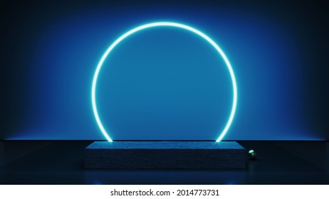 Abstract Neon Background With Glowing Geometric Shapes, Objects And Natural Stone, Podium-3d, Render. Empty Showcase, Stand, Platform For Presentations, Advertising Of Technological Products, Gadgets.