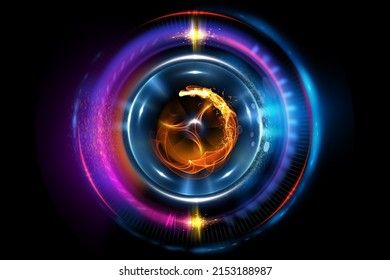 Abstract neon background. luminous swirling glowing spiral. Shine round frame with circles light effect. Fire ring
