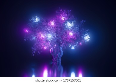 Abstract neon background, mystical space planet with tree sprouted on it in the light of pink blue ultraviolet light glowing toys suspended from tree branches, 3d illustration with copy space
