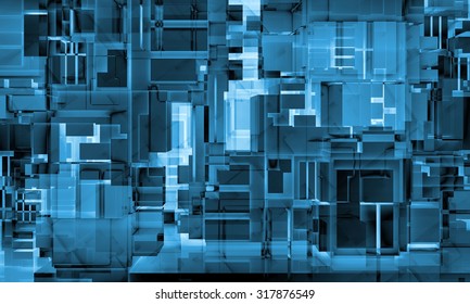 Abstract neon blue high-tech background texture with chaotic cubes constructions, 3d illustration