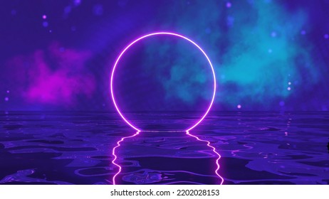 Abstract Neon Circle. Abstract Room Sci-fi Illustration. Neon Glow Retro 80s Background. Retro Future 3d Illustration. Futuristic Background.