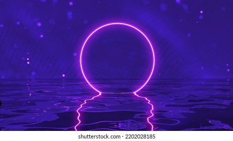 Abstract Neon Circle. Abstract Room Sci-fi Illustration. Neon Glow Retro 80s Background. Retro Future 3d Illustration. Futuristic Background.