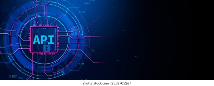 Abstract neon circuit design with API interface, glowing elements, dark blue background, concept of technology and digital innovation. 3D Rendering.