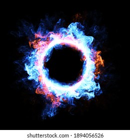 Abstract Neon Flame, Smoke And Plasma Effect Around A Circle. Perfect For Logo Placement Or Content Reveal. Fume Exploding Outward. Smoke And Eclipse Visual Effect. 3D Render	