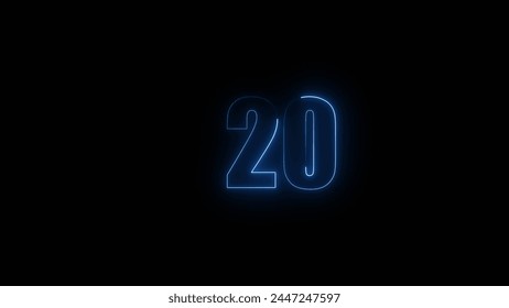 Abstract neon glowing countdown timer from 20 seconds royal blue  illustration. Black background 4k illustration.