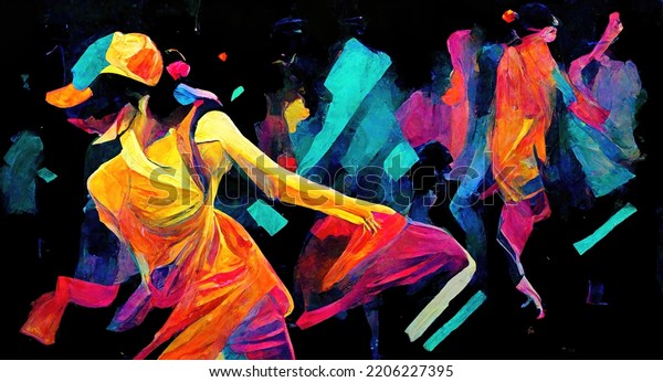 abstract neon hip hop dance contest poster, girl\
with a hat dancing,\
dance