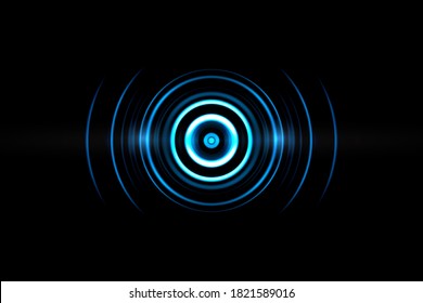 Abstract neon light blue circle effect with sound waves oscillating on black background